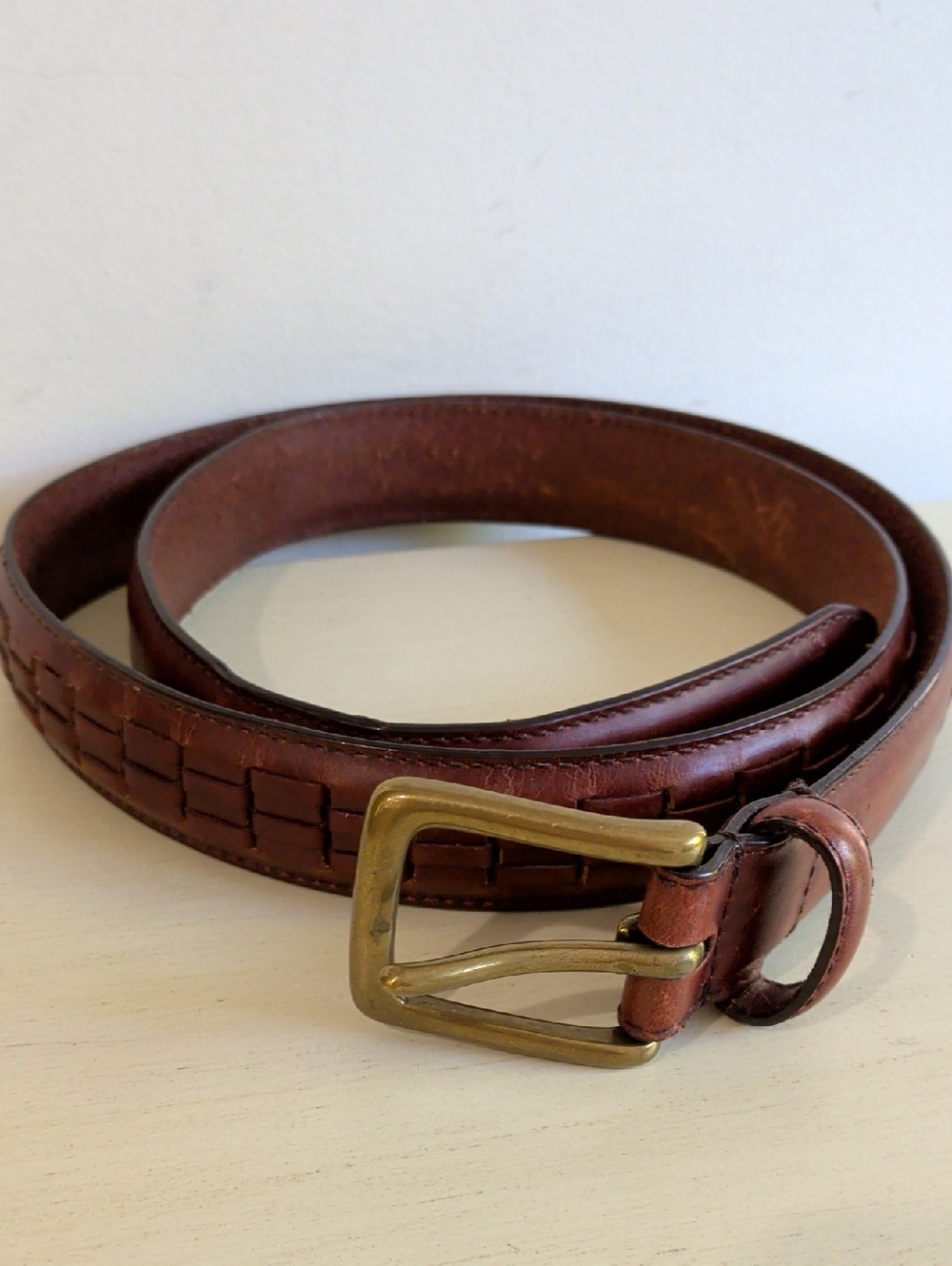 Dockers Men's Brown Leather Belt with Woven Detail And Brass Metal Buckle
